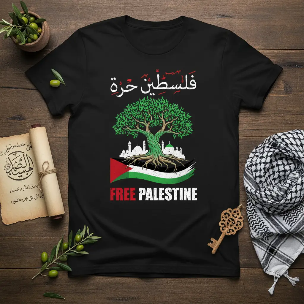 Free Palestine T-Shirt design featuring a prominent Tree of Life, Palestinian flag, and Arabic script