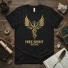 Black t-shirt with gold and grey phoenix graphic and "Free Spirit Ascend" text