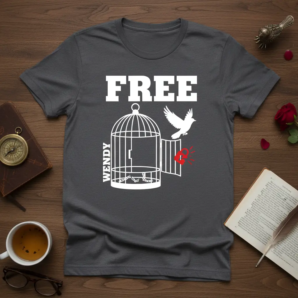 Free Wendy G8 text with a bird escaping a cage on a dark t-shirt graphic