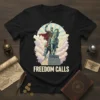 Freedom Calls t-shirt design featuring a vintage warrior on horseback with sword raised, surrounded by clouds and sun rays