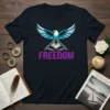 FREEDOM t-shirt with eagle breaking chains graphic and bold purple text