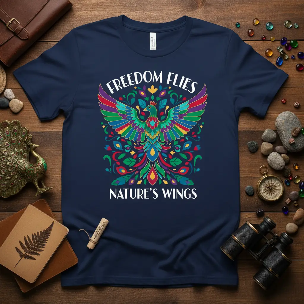 Vibrant phoenix bird with colorful wings and floral accents, FREEDOM FLIES NATURE'S WINGS quote on t-shirt