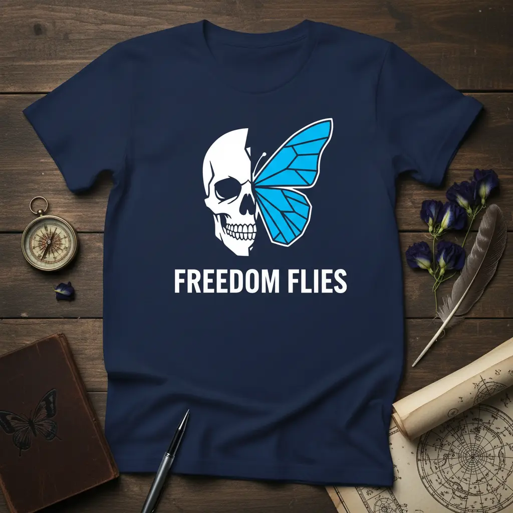 FREEDOM FLIES text on t-shirt with skull and blue butterfly wing graphic