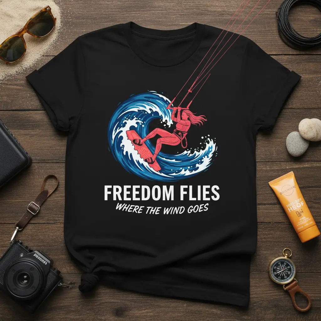 Freedom Flies Where The Wind Goes quote design with dynamic kitesurfing graphic on a t-shirt