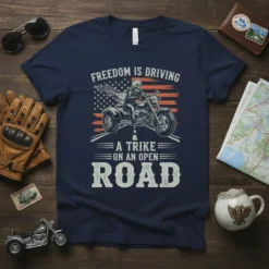 Freedom Is Driving A Trike On An Open Road t-shirt design with a skeleton rider on a trike and an