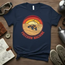Freedom Machine t-shirt design featuring a dune buggy driving in a desert landscape at sunset with birds flying overhead