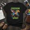 FREEDOM SPIRIT text above a colorful, winged horse graphic on a black t-shirt
