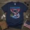 FREEDOM USA SPIRIT OF AMERICA t-shirt design with an eagle, lighthouse, and figures raising a flag