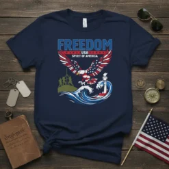 FREEDOM USA SPIRIT OF AMERICA t-shirt design with an eagle, lighthouse, and figures raising a flag