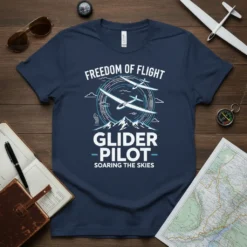 Glider pilot t-shirt with "Freedom of Flight Glider Pilot Soaring The Skies" text and glider graphics