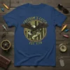 Freedom's Catch Est. 1776 t-shirt with eagle catching bass and American flag background
