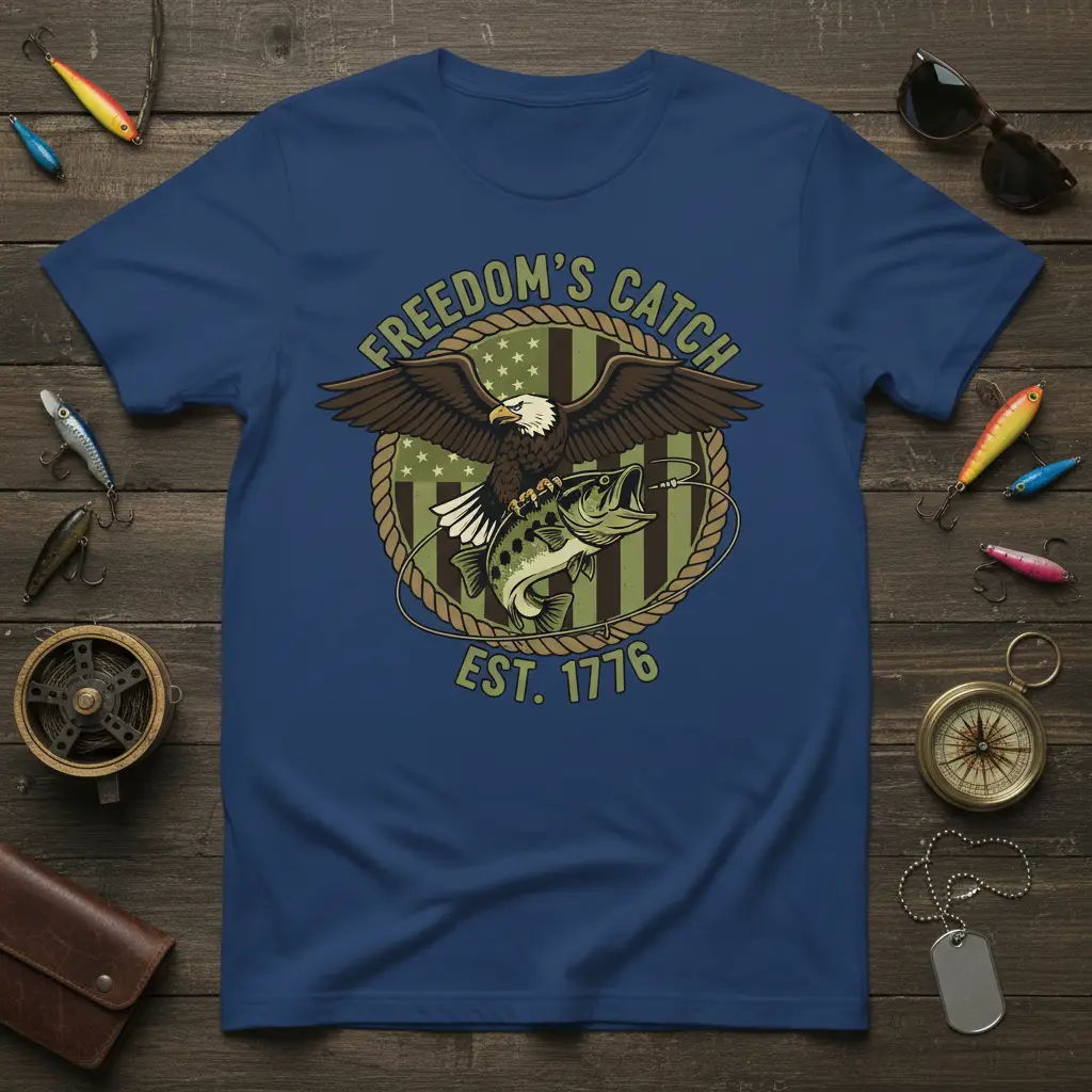 Freedom's Catch Est. 1776 patriotic eagle and bass fishing graphic t-shirt