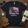 Freedom's Ride Est. 1776 Made in the U.S.A. t-shirt with a motorcycle and American flag graphic