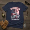 Freedom's Ride Faith & Iron t-shirt design with motorcycle, American flag, and cross graphic