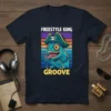 Freestyle King Groove t-shirt with a pirate chameleon holding microphones, wearing a pirate hat with a skull