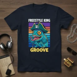 Freestyle King Groove t-shirt with a pirate chameleon holding microphones, wearing a pirate hat with a skull