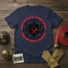 Freiwillige Feuerwehr Ehrenvorsitzender t-shirt with red circular emblem featuring axes, helmet, and lightning bolts