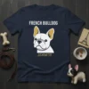 French Bulldog Silhouette design featuring a white French Bulldog profile and text on a navy t-shirt