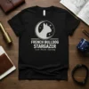 French Bulldog Stargazer T-Shirt featuring a silhouette of a French Bulldog looking at stars within a moon circle, with text