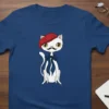 French Cat Cartoon T-Shirt design featuring a white cat wearing a red beret, mustache, and blue bowtie