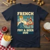 French Fry & Beer Duo t-shirt design with cartoon french fries on a wave and a beer bottle, retro stripes