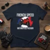 Navy t-shirt with "FRENCH SPEED MOTORCYCLE PASSION" text and a red sportbike against a French flag background
