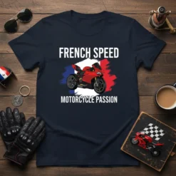 Navy t-shirt with "FRENCH SPEED MOTORCYCLE PASSION" text and a red sportbike against a French flag background