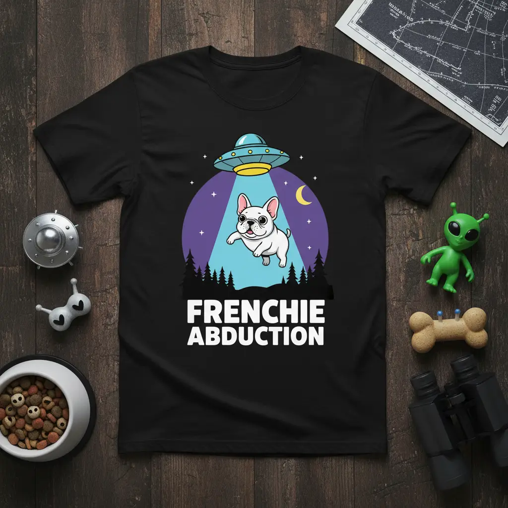 Frenchie Abduction quote on a t-shirt with a French Bulldog and UFO design, perfect for dog lovers