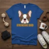Frenchie Dad t-shirt featuring a brown and white French Bulldog face and the text "FRENCHIE DAD" in gold