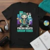 Fresh Beats Urban Vibes T-Shirt design with a cool cat in streetwear holding a spray can and a drink, set