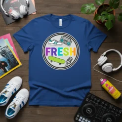 Graphic tee featuring the word FRESH in colorful letters, with retro icons like a boombox, skateboard, and microphone
