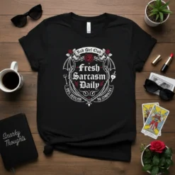 Black t-shirt with "Fresh Sarcasm Daily Bad Girl Club 99% Devilish No Sympathy" text and gothic design elements