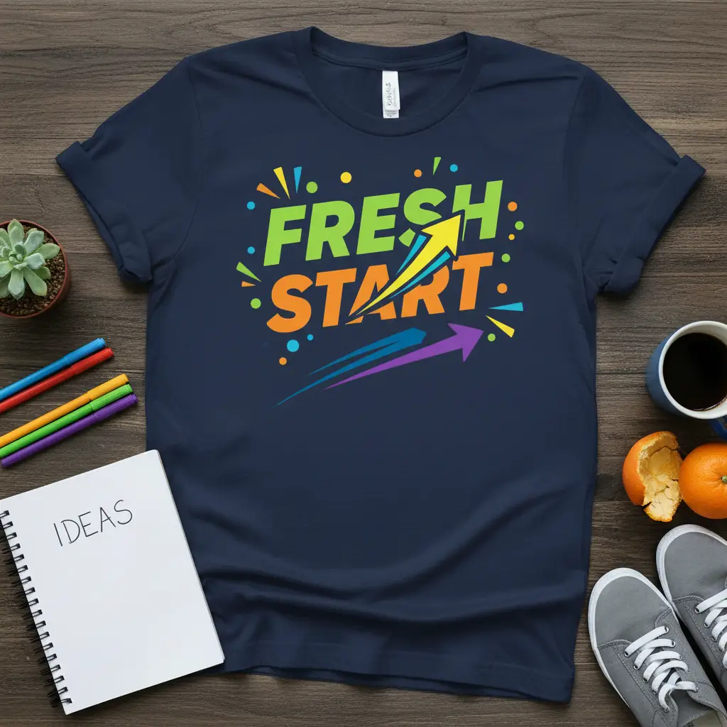Fresh Start motivational t-shirt design with vibrant lettering and upward-pointing arrow graphic