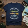 Navy t-shirt with "Freshwater Social Club Fish Freshwater Social Club" text and illustrations of pike, trout, perch, and salmon