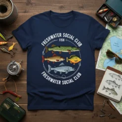 Navy t-shirt with "Freshwater Social Club Fish Freshwater Social Club" text and illustrations of pike, trout, perch, and salmon