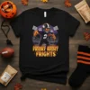 Friday Night Frights football t-shirt design with a jack-o'-lantern player in a purple uniform on a stadium background