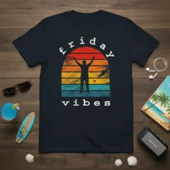 Retro sunset graphic with "friday vibes" text on a navy t-shirt, featuring a silhouetted person with arms raised