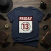 Friday the 13th t-shirt design featuring the text "FRIDAY" above a circle with "13" inside, on a ripped paper background