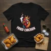Black t-shirt with "Fried Chicken" text and a cartoon rooster wearing a crown and smoking a cigar