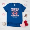 Friends Besties Forever For Life quote with heart hand gesture graphic on a royal blue t-shirt