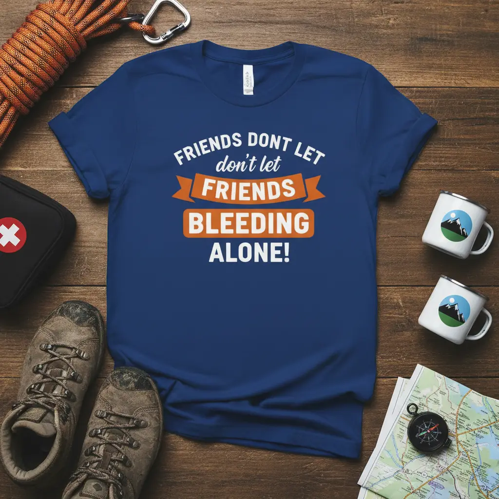 Friends Dont Let Friends Bleeding Alone quote graphic tee with white and orange typography for outdoor enthusiasts