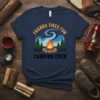 Friends Fires Fun Camping Crew text with a campfire graphic and starry night sky on a navy blue t-shirt