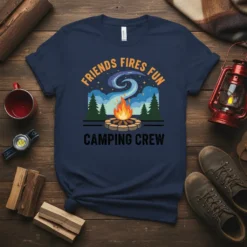 Friends Fires Fun Camping Crew text with a campfire graphic and starry night sky on a navy blue t-shirt