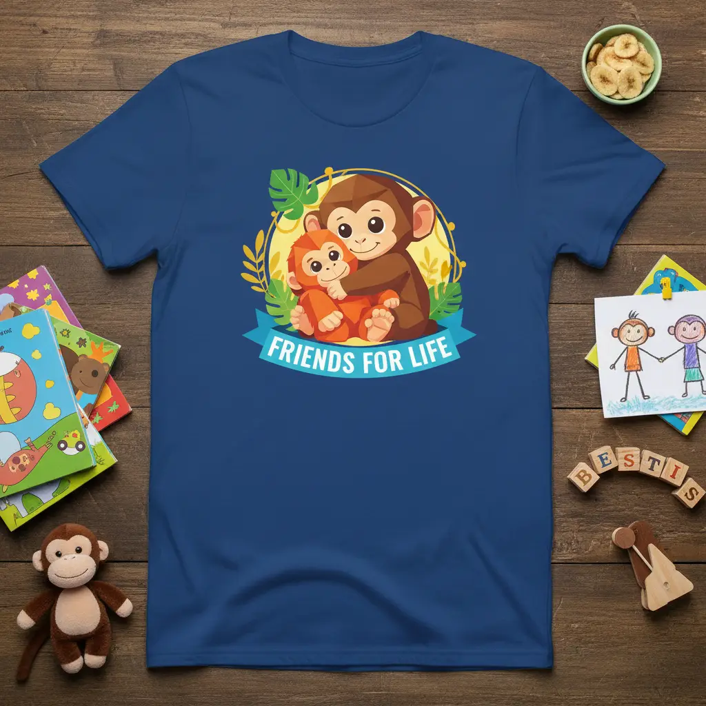 Friends For Life quote on a t-shirt design with two cute monkeys hugging and jungle leaves