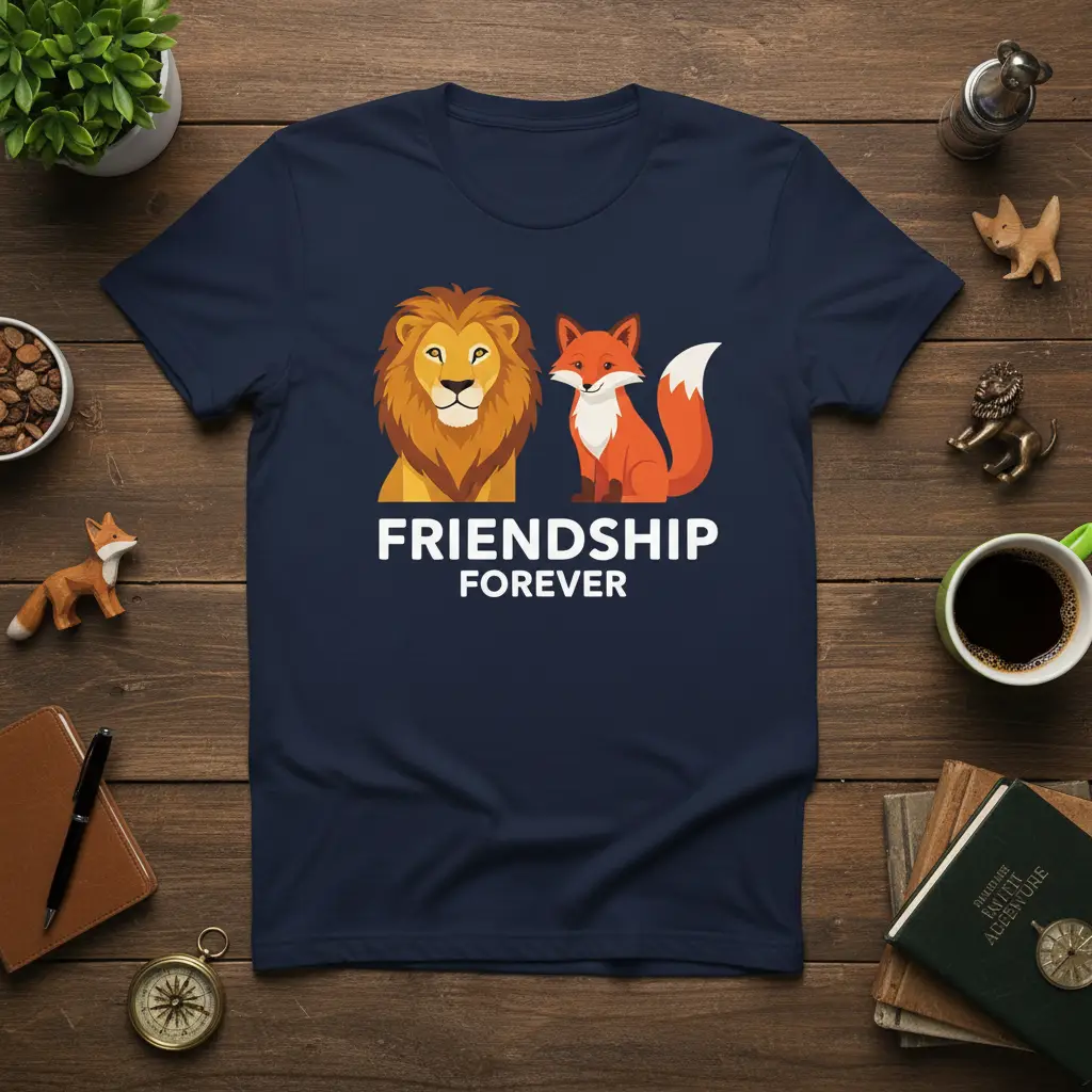 Friendship Forever t-shirt design with lion and fox graphics and bold white text about lasting bonds
