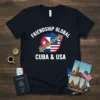 Friendship Global Cuba & USA t-shirt design featuring intertwined flags and a golden chain, representing unity
