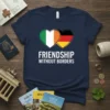 Friendship Without Borders t-shirt design featuring the flags of Ireland and Germany within two intertwined hearts