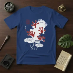 鳴門 Japanese frog art t-shirt with red and white design on a navy blue shirt