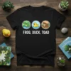 Frog, Duck, Toad graphic t-shirt design with three circular icons above the text "FROG, DUCK, TOAD"