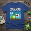 Frog Game Don't Look At The Frog quote with pixelated frog and eyeball graphic on a royal blue t-shirt